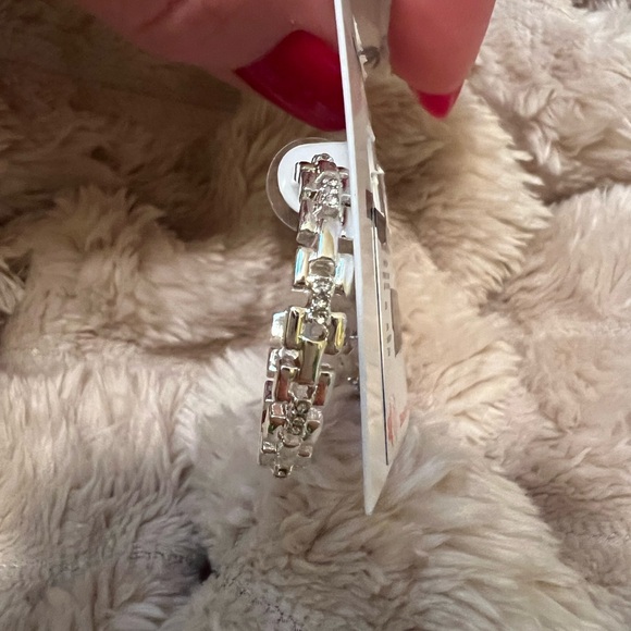 Nine West Silver Tone Geometric Hoop Earrings with Rhinestones NWT - Picture 5 of 5